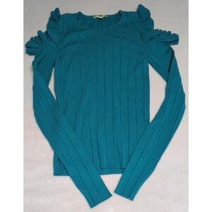 Gianni Bini Ruffle Cold Shoulder Ribbed Knit Top Women Small Teal Good Condition